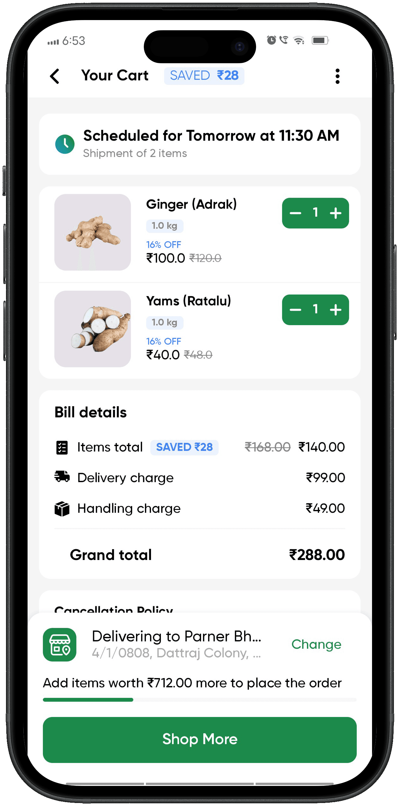 Grazify app cart screen with scheduled delivery and bill details