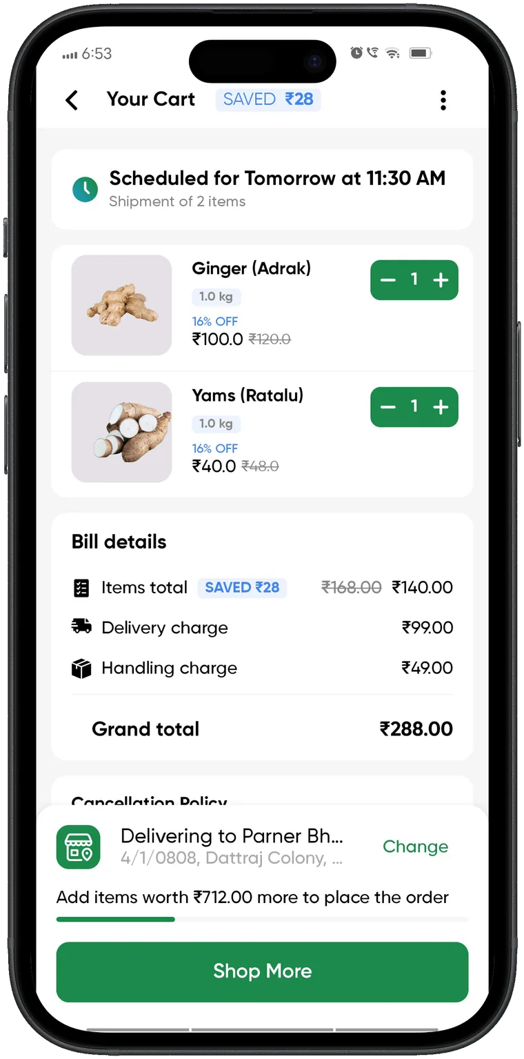 Grazify app cart screen with scheduled delivery and bill details
