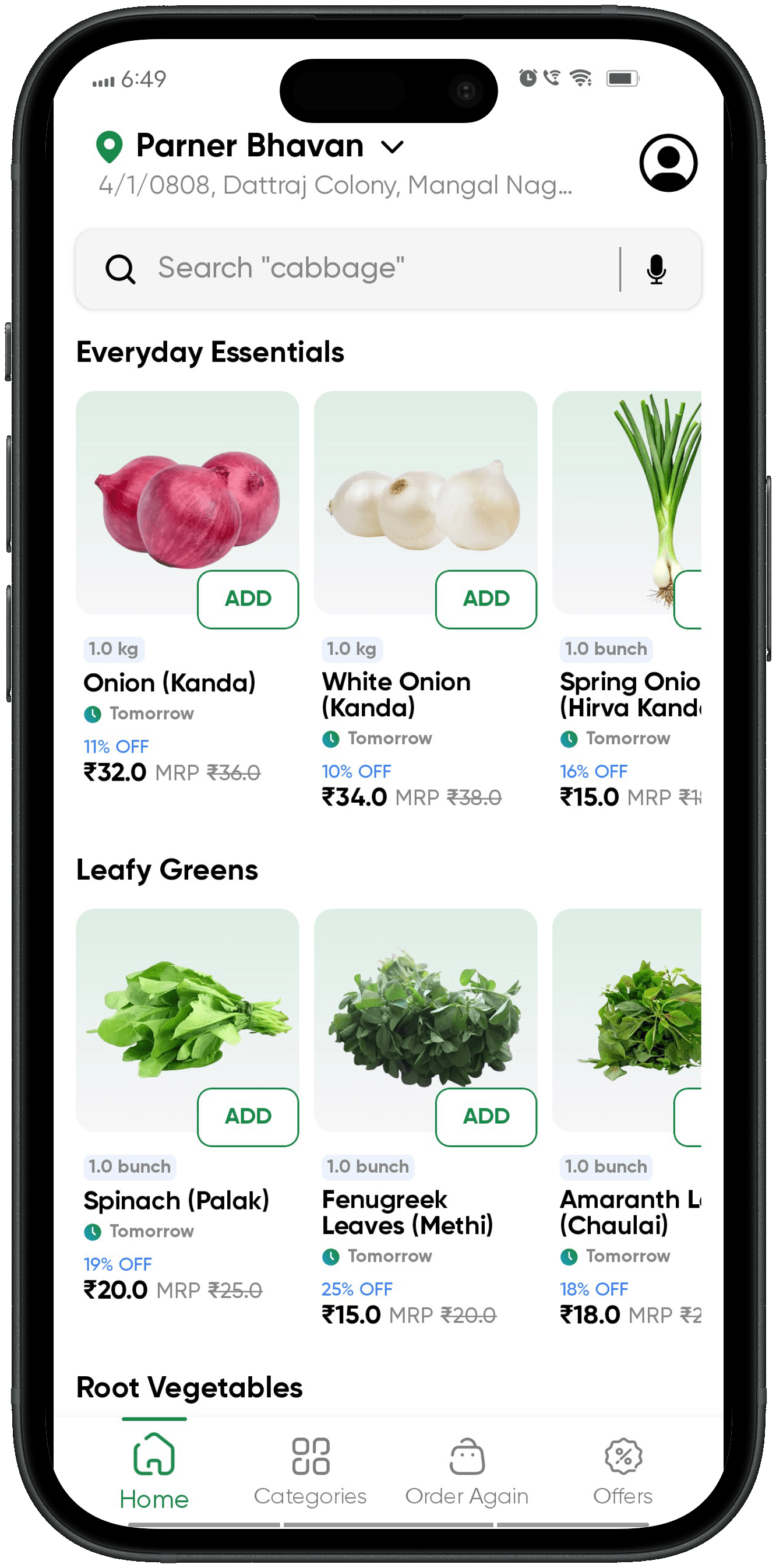Grazify app home screen showing fresh produce listings with prices