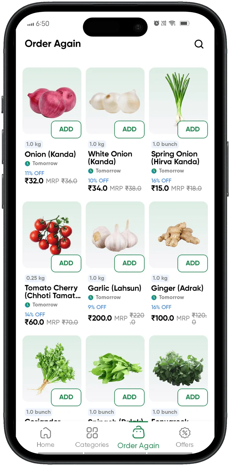 Grazify app order again screen with previously ordered items