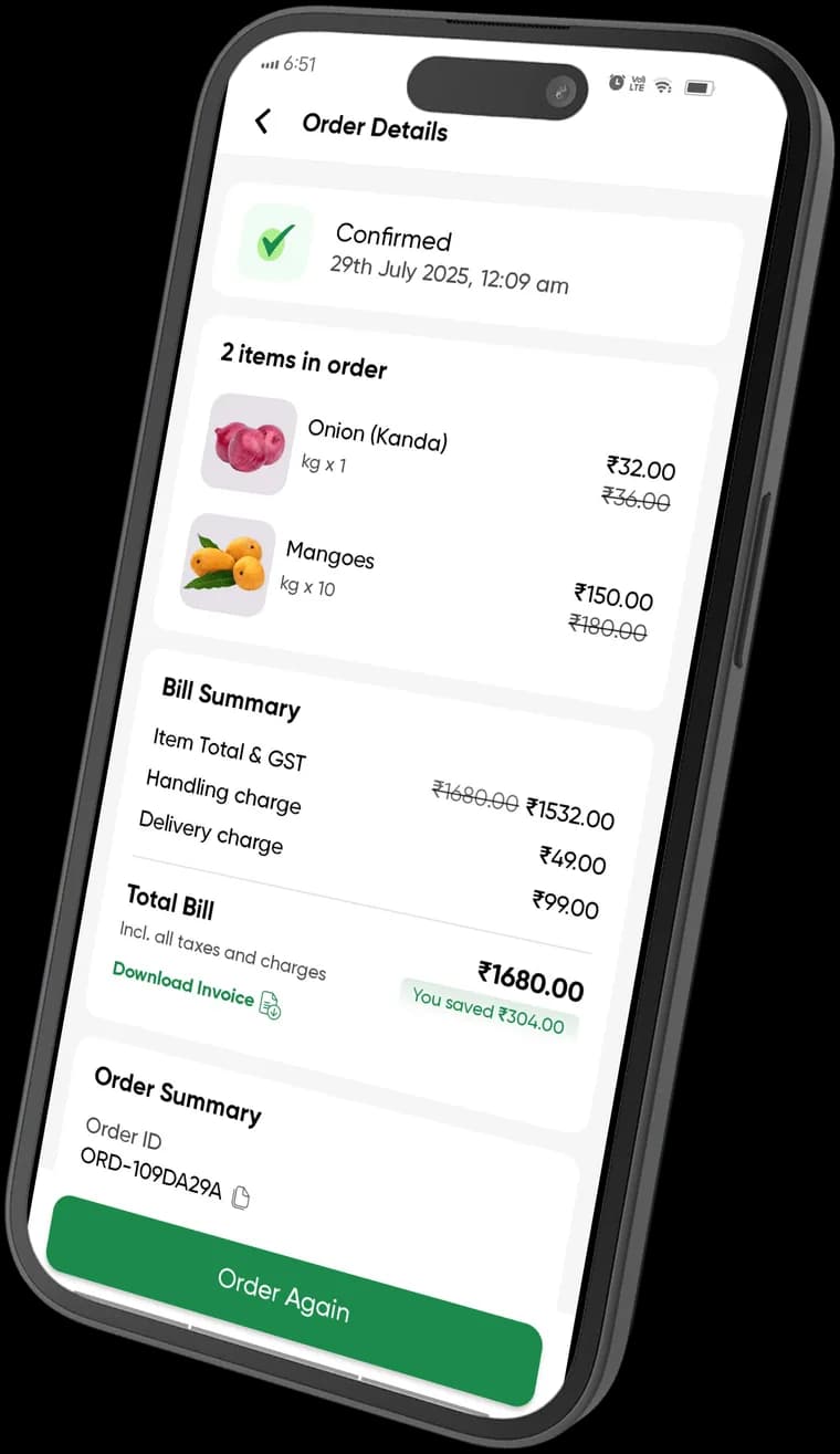 Grazify app order details screen with itemised bill summary